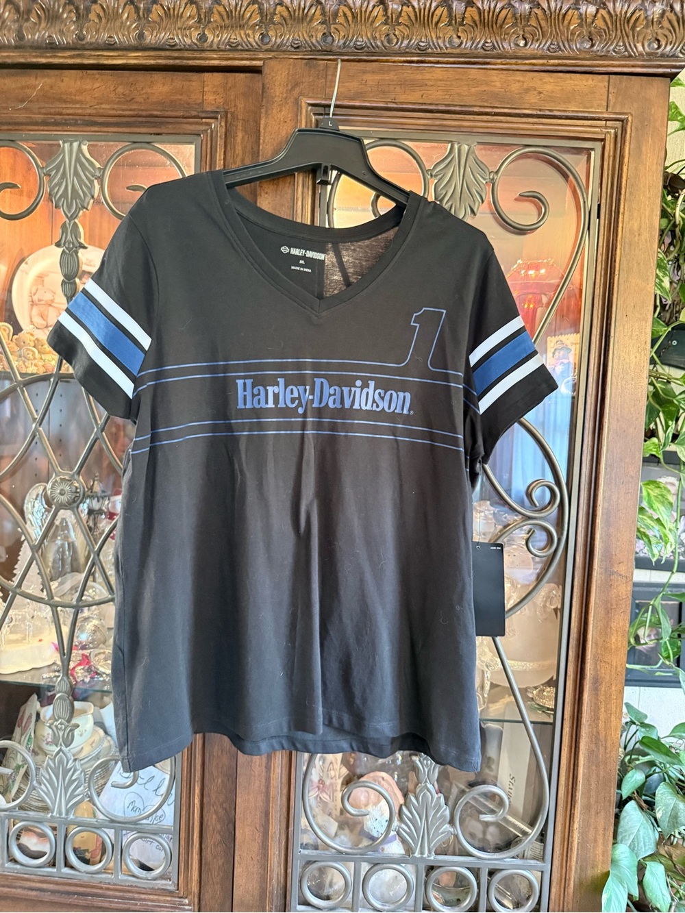 Express Harley-Davidson Black Tee with Blue Stripes